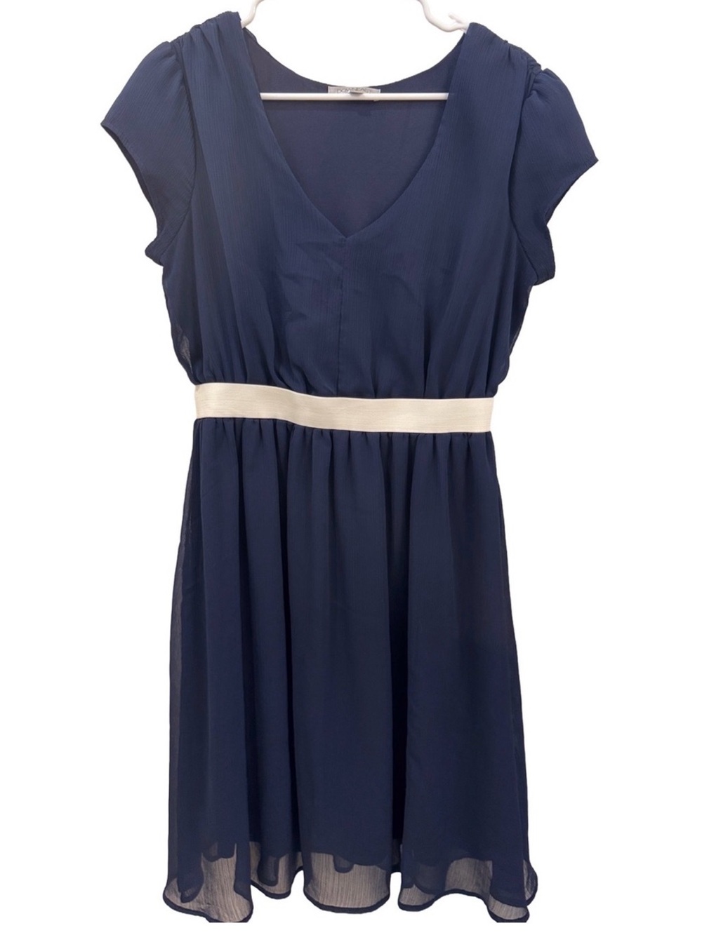 Downeast Navy Blue Chiffon V-Neck Cap Sleeve Dress Medium Ivory Sash Modest⁠